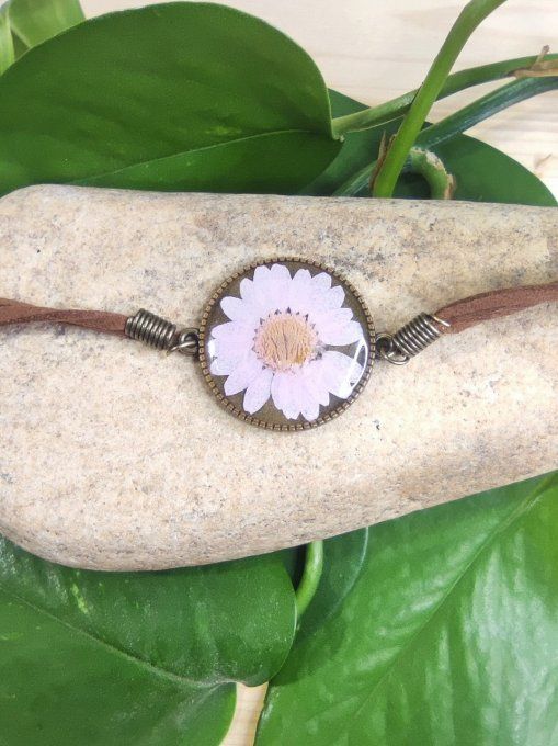 Bracelet croute cuir véritable fleur de marguerite