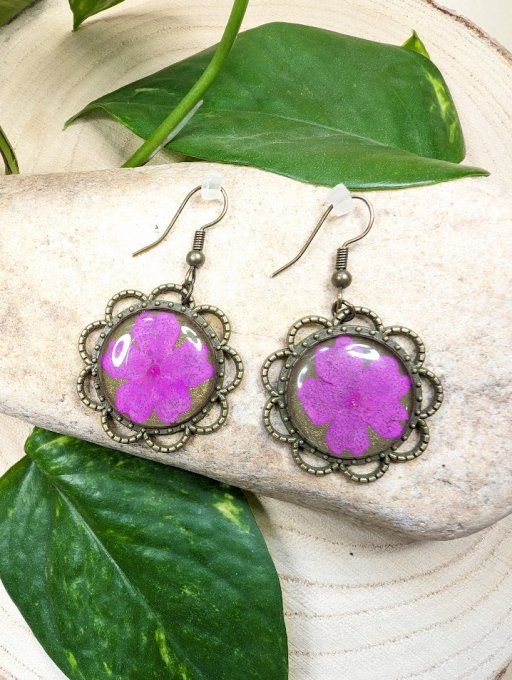 Boucles d'oreilles vintage forme fleur vraie Verveine Rosy