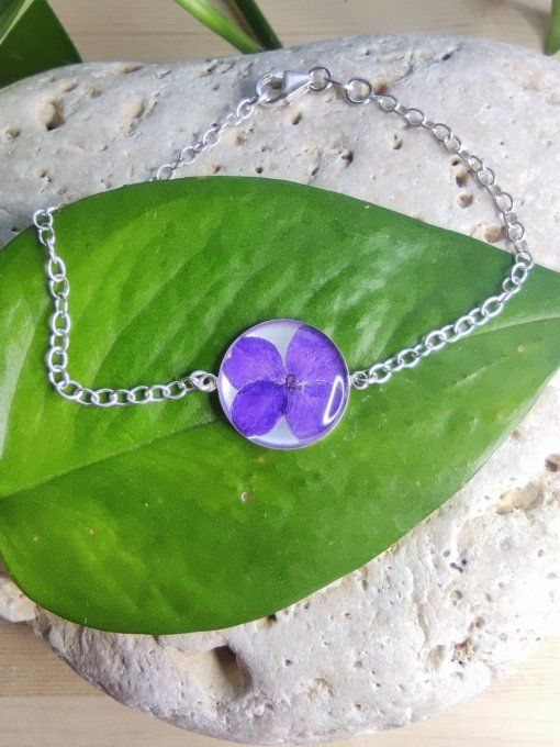 Bracelet argent 925 avec une véritable fleur d'Hortensia Thaïs